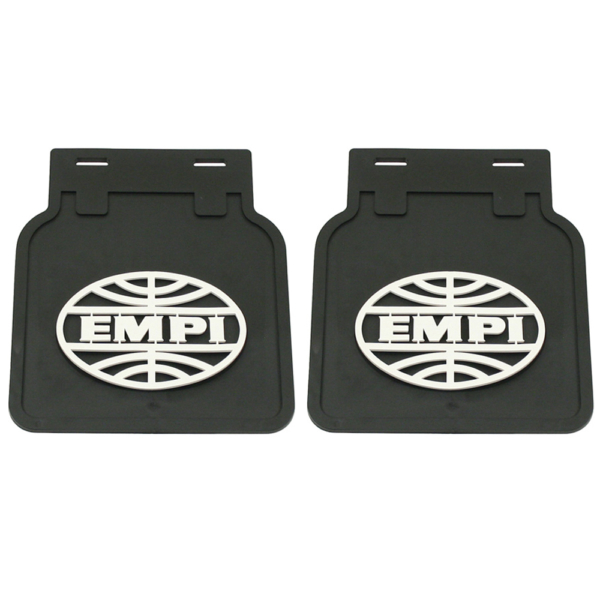 So. Cal. Classic VW Parts EMPI Mud Flaps, Black with White Logo, fits Bug & Super Beetle