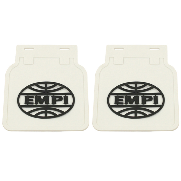 So. Cal. Classic VW Parts EMPI Mud Flaps, White with Black Logo, fits Bug & Super Beetle