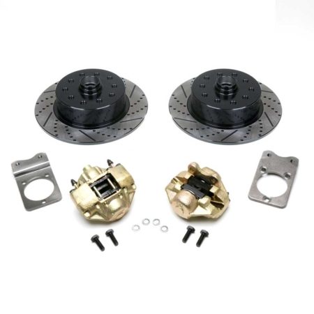 So. Cal. Classic VW Parts - No Hassle Front Disc Brake Kit, Double Drilled, Slotted and Electrostatically Coated, Chevy 5 x 4 ¾” and Ford 5 x 4 ½”, Fits 1966-1977 Bug, Ghia & Thing Stock Drum Spindles