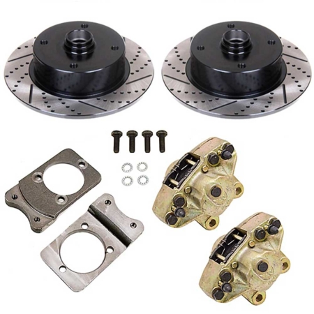 So. Cal. Classic VW Parts - No Hassle Front Disc Brake Kit, Double Drilled, Slotted and coated, 4-Lug VW Pattern – 4 x 130mm, fits 1966-1977 Bug, Ghia & Thing Stock Drum Spindles