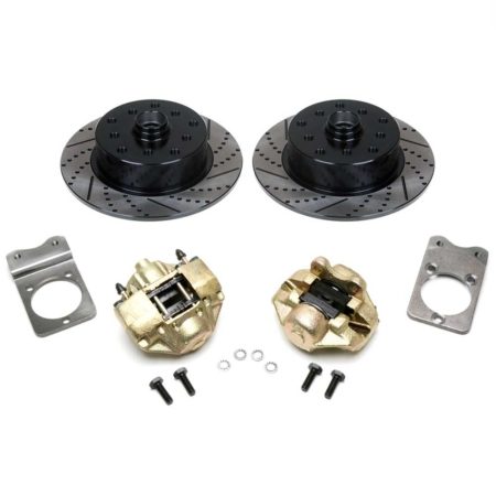 So. Cal. Classic VW Parts - No Hassle Front Disc Brake Kit, Double Drilled, Slotted and Electrostatically Coated, Porsche 5 x130mm and BMW 5 x 112mm, Fits 1966-1977 Bug, Ghia & Thing Stock Drum Spindles
