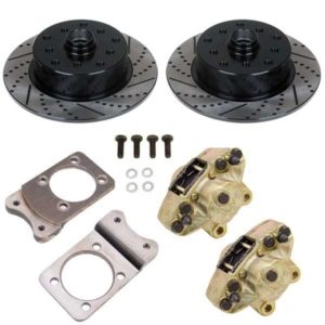 So. Cal. Classic VW Parts - No Hassle Front Disc Brake Kit, Double Drilled, Slotted and Electrostatically Coated, Porsche 5 x130mm and BMW 5 x 112mm, Fits 1971-1979 Super Beetle with Stock Drum Spindles