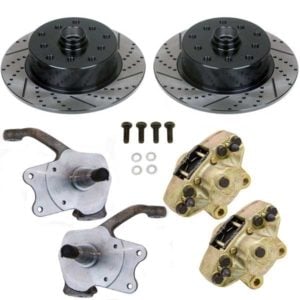 So. Cal. Classic VW Parts - Front Disc Brake Kit With Stock Disc Spindles, Double Drilled, Slotted and Electrostatically Coated, Porsche 5 x 130mm and Bus 5 x 112mm, fits 1966-1977 Bug & Ghia